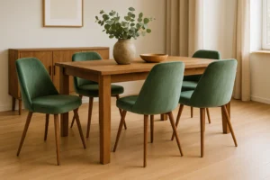 Een eetkamer met een houten tafel en vijf groen gestoffeerde stoelen laat zien hoe je groene eetkamerstoelen kunt combineren. Een keramische vaas met groene bladeren, een houten schaal, lichte houten vloeren en neutrale muren creëren een warme, minimalistische sfeer.