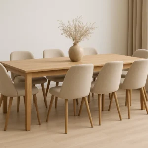 Een moderne eetkamer met een lichte houten tafel, acht beige gestoffeerde stoelen - perfect als je je afvraagt: hoe combineer je moeiteloos 6 beige? Neutrale tinten en een minimalistische inrichting worden versterkt door een keramische vaas met gedroogde bloemen als middelpunt.