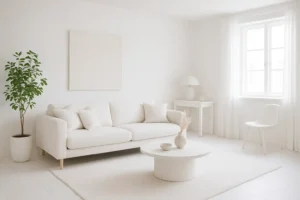 Minimalistische woonkamer met witte muren, bank en decor. Op een ronde salontafel staan een vaas en een schaal. Richt je een volledig serene ruimte in met een potplant naast de bank en transparante gordijnen die zacht licht binnenlaten.