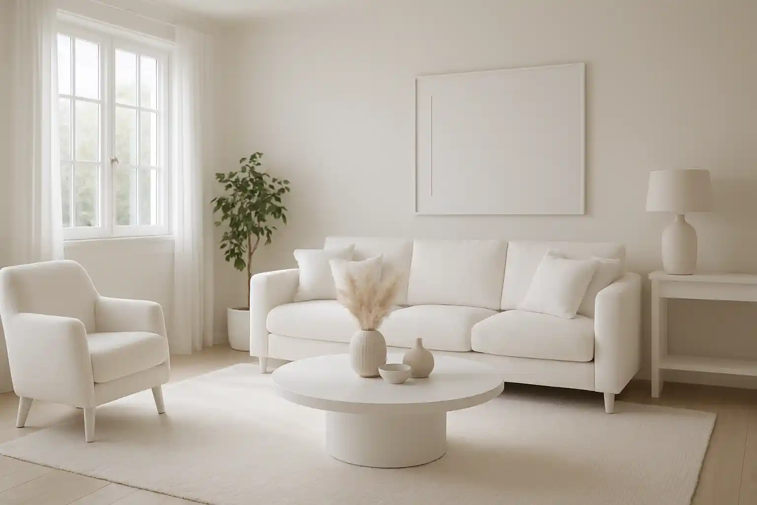 Een lichte, minimalistische woonkamer laat zien hoe je gebruik maakt van je wit in interieurontwerp: met een witte bank, fauteuil, ronde salontafel met vazen, een potplant bij het raam en een neutrale inrichting in zachte, lichte tinten.