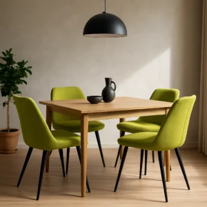 Een moderne eetkamer met een lichte houten tafel, vier met limoengroen beklede stoelen voor extra pit, een zwarte hanglamp erboven, zwarte vaas en schaal op tafel, een potplant in de hoek en zacht natuurlijk licht door een raam.
