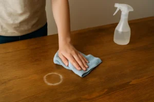Iemand veegt met een blauwe doek een houten tafel af in de buurt van een witte ringvlek en vraagt zich af: hoe haal je afgegeven vlekken weg? Een spuitfles met schoonmaakmiddel staat op het oppervlak, klaar om hardnekkige vlekken aan te pakken.