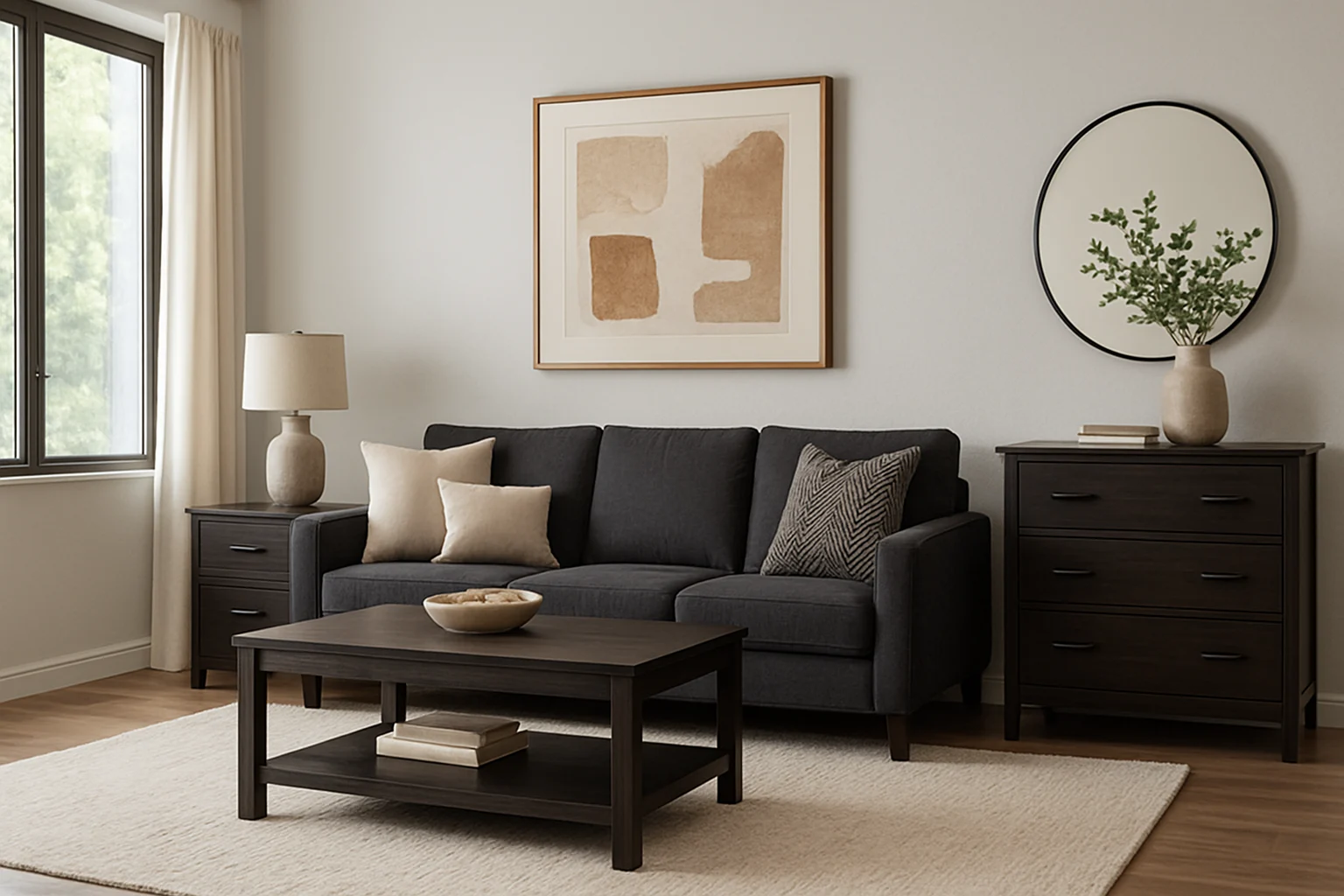 Een moderne woonkamer met een donkergrijze bank - perfect voor mensen die zich afvragen "hoe kan ik donkere meubels combineren"-neutrale kussens, een houten salontafel, bijzettafeltjes met een lamp, abstracte muurkunst en een groot raam met lichte gordijnen.