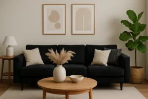 Een moderne woonkamer laat zien hoe je een zwarte bank (hoe kan ik een zwarte bank stylen) kunt stylen met neutrale kussens, twee ingelijste abstracte prints, een houten salontafel met pampagras, een potplant en een strakke tafellamp.