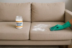 Een hand in een groene handschoen gebruikt een doek om zuiveringszout van een beige kussen van een bank te halen, om te laten zien hoe je kunt antwoorden op de vraag "kan ik meubelstof reinigen met zuiveringszout" met een eenvoudige schoonmaakmethode. Een pot met etiket staat vlakbij op de bank.