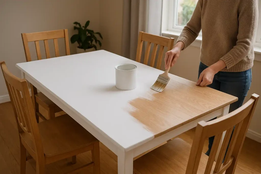 Een persoon demonstreert hoe kan ik mijn eettafel wit verven door een houten eettafel wit te verven met een verfkwast. Een bus witte verf staat op de tafel, omringd door houten stoelen, met een plant en een raam op de achtergrond.