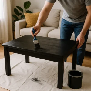 Een persoon schildert een zwarte houten salontafel met een kwast, waarbij zwarte verf uit een open blik wordt gebruikt. Geïnspireerd door de vraag: "Hoe kan ik mijn salontafel zwart verven?.