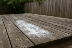 Een verweerde houten buitentafel met een zichtbare witte vlek of residu op het oppervlak, in de buurt van een houten hek en groen op de achtergrond. Zoek je: hoe kan ik witte uitslag verwijderen?.