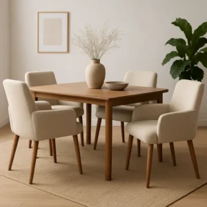 Een moderne eetkamer met een houten tafel, vier beige gestoffeerde stoelen - perfect voor wie zich afvraagt "hoe kies je de beste beige eetkamerstoelen" - een vaas met gedroogd gras, een ingelijste foto aan de muur en een potplant op een beige vloerkleed.