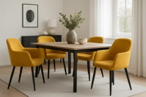Een moderne eetkamer met een houten tafel, vier geel gestoffeerde stoelen - perfect als je je afvraagt "Hoe kies je de beste gele eetkamerstoelen" - een grijze vaas met groen, een schaal, een zwart dressoir, ingelijste abstracte kunst, een lamp en een raam met wit gordijn.