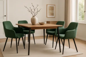Een minimale eetkamer met een vierkante houten tafel, vier groen gestoffeerde stoelen - perfect voor wie zich afvraagt "Hoe kies je de beste groene eetkamerstoelen" - een beige vloerkleed, een keramieken vaas met takken en neutrale muurkunst die zachtjes wordt verlicht door natuurlijk zonlicht.