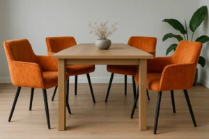 Een houten eettafel met vier oranje gestoffeerde stoelen-hoe kies je de juiste oranje eetkamerstoelen-paar met een grijze vaas met gedroogde bloemen en een grote groene plant op de achtergrond op een lichte houten vloer.