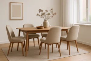 Een minimalistische eetkamer met een houten tafel, zes beige gestoffeerde stoelen - perfect voor wie zich afvraagt "hoe kies je de juiste beige eetkamerstoelen" - een grote vaas met droogbloemen, lichthouten vloeren, een neutraal vloerkleed, abstracte kunst en transparante gordijnen.
