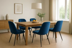 Een moderne eetkamer met een houten tafel omringd door zes blauwe stoelen -hoe kies je de juiste blauwe eetkamerstoelen- plus een schaal sinaasappels, een glazen vaas met groen en een hanglamp. Licht stroomt naar binnen door een groot raam met beige gordijnen.