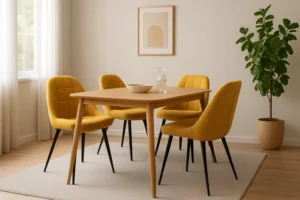 Een minimalistische eetkamer met een houten tafel, vier gele stoelen met kussens -hoe kies je de juiste gele eetkamerstoelen- een beige vloerkleed, een potplant, een schaal en karaf op tafel, abstracte muurkunst, allemaal in een zacht verlichte ruimte.