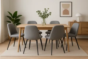 Een moderne eetkamer met een houten tafel, zes grijs gestoffeerde stoelen - perfect voor wie zich afvraagt hoe kies je de juiste grijze eetkamerstoelen - een vaas met groene bladeren, een licht vloerkleed, een plant, een dressoir, een witte lamp en abstracte kunst aan de muur.