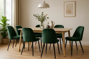 Een eetkamer met een houten tafel omringd door zes groen gestoffeerde stoelen - perfect als je je afvraagt: "Hoe kies je de juiste groene eetkamerstoelen?". Natuurlijk licht, een witte hanglamp, muurkunst en groen maken deze minimalistische ruimte compleet.