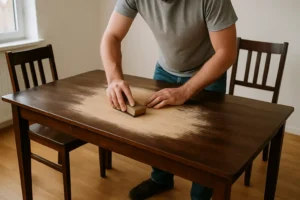 Een persoon schuurt het oppervlak van een donkere houten tafel in een lichte kamer, met zaagsel op het tafelblad - perfect voor iedereen die zich afvraagt: "Hoe krijg ik een gelakte tafel kaal?". Twee houten stoelen staan rond de tafel.