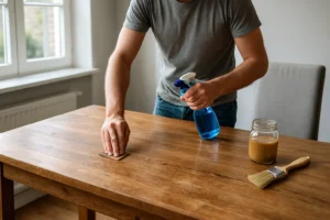 Een persoon in een grijs t-shirt maakt een houten tafel schoon met een spuitfles en een doek. Hij vraagt zich af "Hoe krijg je een houten tafel weer mooi?". Vlakbij staan een pot met vloeistof en een verfkwast, zonlicht schijnt door het raam op de achtergrond.