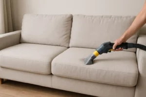 Een persoon gebruikt een handstofzuiger om de kussens van een lichtbeige stoffen bank in een woonkamer schoon te maken-zo krijg je een lichte bank schoon en blijft hij er fris uitzien.