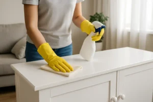 Een persoon met gele rubberen handschoenen maakt een witte kast schoon met een doek en een spuitfles en laat zien hoe je witte meubels weer wit krijgt in een lichte, opgeruimde kamer met een bank en gordijnen op de achtergrond.