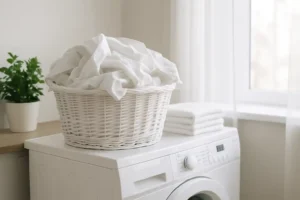 Een witte rieten wasmand gevuld met schoon wit linnengoed staat bovenop de wasmachine-krijg je witte was weer stralend schoon naast netjes opgevouwen handdoeken, met een plant in potten en zonlicht dat door het raam naar binnen schijnt.