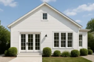 Een klein, modern wit huis met een zadeldak, dubbele glazen deuren en verschillende grote ramen wordt omringd door netjes gesnoeide struiken-kun je een volledig wit huis zien tegen een blauwe lucht met verspreide wolken.
