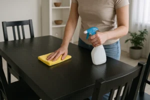Een persoon demonstreert "hoe maak ik een zwarte houten tafel schoon" door een zwarte tafel schoon te maken met een gele doek en spuitfles in een lichte kamer met stoelen, planken en een plant op de achtergrond.