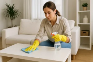 Een vrouw met gele rubberen handschoenen maakt een witte salontafel schoon met een blauwe doek en spuitfles in een woonkamer. Ze laat zien hoe maak ik witte meubels schoon voor een vlekkeloos resultaat. Op de achtergrond staan een witte bank en een potplant.