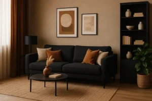 Een gezellige woonkamer met een zwarte bank, bruine en beige kussens, abstracte kunst en een groene potplant laat zien hoe je een kamer warmer maakt met uitnodigende neutrale tinten en een doordachte inrichting.