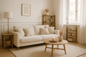 Een moderne woonkamer met een witte bank, neutraal getinte kussens en een houten salontafel laat zien hoe je een wit interieur gezellig maakt, met kaarsen, decoratieve planken en natuurlijk licht door transparante gordijnen voor een knus maar luchtig gevoel.