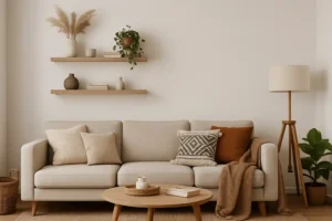 Een gezellige woonkamer met een beige bank, verschillende kussens, een bruine deken en potplanten tegen een witte muur - perfecte inspiratie voor hoe je een witte muur gezellig maakt met warme accenten en sfeervolle inrichting.