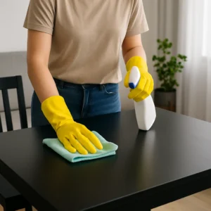 Een persoon demonstreert hoe je een zwarte tafel schoonmaakt ("Hoe maak je een zwarte tafel schoon") door gele rubberen handschoenen te dragen, een groene doek te gebruiken en schoonmaakmiddel te spuiten in een moderne, lichte kamer.