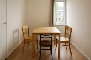 Een kleine, minimalistische kamer met een houten tafel en drie stoelen - twee van hout en een van zwart metaal - die er strategisch omheen staan, perfect voor wie zich afvraagt: hoe plaats je tafels in een kleine ruimte? Een raam met beige gordijnen laat daglicht binnen.