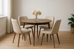 Een ronde houten tafel met een vaas witte bloemen en vier beige gestoffeerde stoelen toont hoe stijl je 4 beige eetkamerstoelen in een minimalistische kamer met een lichte houten vloer, een plant en veel natuurlijk licht van het raam.
