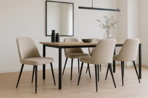 Een moderne eetkamer met een rechthoekige houten tafel, vier beige stoelen - perfect voor wie zich afvraagt "hoe stijl je beige eetkamerstoelen" - een zwarte vaas en schaal, een grote spiegel, minimalistische zwarte verlichting en een plant in een glazen vaas.
