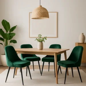 Een moderne eetkamer met een houten tafel, vier groene fluwelen stoelen - perfect voor wie zich afvraagt hoe stijl je groene eetkamerstoelen zijn -, een middenstuk van potplanten, een geweven hanglamp, grote ingelijste muurkunst, een hoekplant en neutrale decoraccenten.