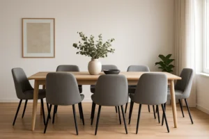 Een minimale eetkamer met een houten tafel, acht grijs gestoffeerde stoelen - perfect voor inspiratie over hoe stijl je moeiteloos 6 grijze stoelen - plus een vaas met groene takken, zwarte schaal, lichthouten vloeren, ingelijste kunst en een potplant bij het raam.