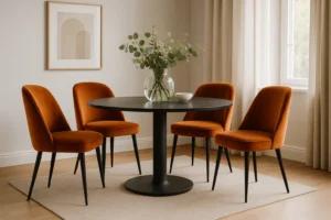 Een ronde zwarte eettafel met een glazen vaas met groen wordt omringd door vier oranje fluwelen stoelen - de perfecte inspiratie als je je afvraagt: hoe kies je de juiste oranje eetkamerstoelen? Dit alles op een beige vloerkleed in een lichte, minimalistische kamer.