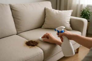 Een persoon gebruikt een spuitfles en een borstel om een bruine vlek op een lichtgekleurde stoffen bank in een woonkamer schoon te maken, en vraagt zich af: hoe verwijder ik poepvlekken effectief?.