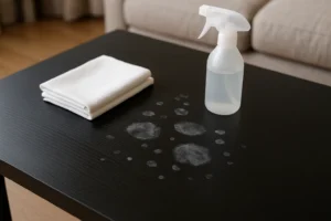 Een zwarte tafel met witte pootafdrukken, een witte spuitfles en gevouwen witte doeken erop - de perfecte benodigdheden voor wie zich afvraagt "Hoe verwijder ik witte vlekken?" en om oppervlakken brandschoon te houden.