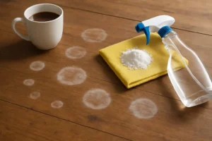 Een koffiekopje op een houten tafel met meerdere witte waterkringen. Vlakbij liggen een gele doek met zuiveringszout, een heldere spuitfles en nog meer ringen - een hint naar de klassieke vraag: hoe verwijder ik witte vlekken op houten oppervlakken?.
