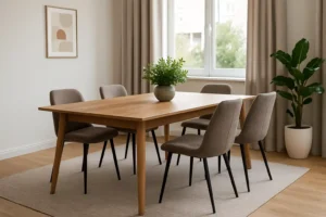Een moderne eetkamer met een houten tafel - perfect voor wie zich afvraagt hoeveel ruimte een eettafel neemt - zes gestoffeerde stoelen, een middenstuk van potplanten, lichte gordijnen, een groot raam, ingelijste muurkunst en een hoge potplant op een licht vloerkleed.