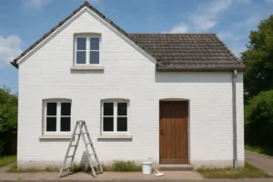 Een wit bakstenen huis met drie ramen aan de voorkant en een houten deur. Er wordt nog geschilderd, maar huis met schilderen nadelen-als frequente opknapbeurten-zijn het overwegen waard. Groene bomen en een blauwe lucht maken het plaatje compleet.