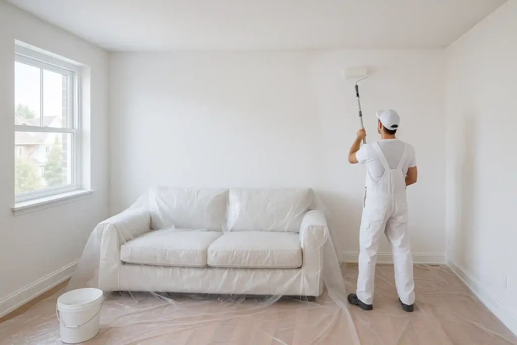 Een persoon in een witte overall verft een witte muur met een roller in een lichte, lege kamer-een goed voorbeeld van hoe het mogelijk is om mijn woning fris te maken. Een overdekte bank, een raam en plasticfolie beschermen de vloer en de meubels.