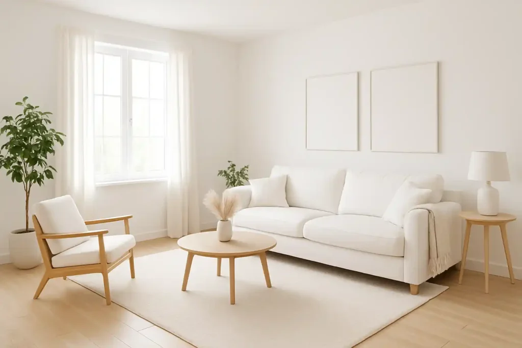 Een lichte, minimalistische woonkamer met een witte bank, een lichte houten salontafel, een fauteuil en een bijzettafel laat zien hoe slim een goede interieurkleur is. Verrijk de ruimte met twee lege kaders, planten in potten en transparante gordijnen voor een groot raam.
