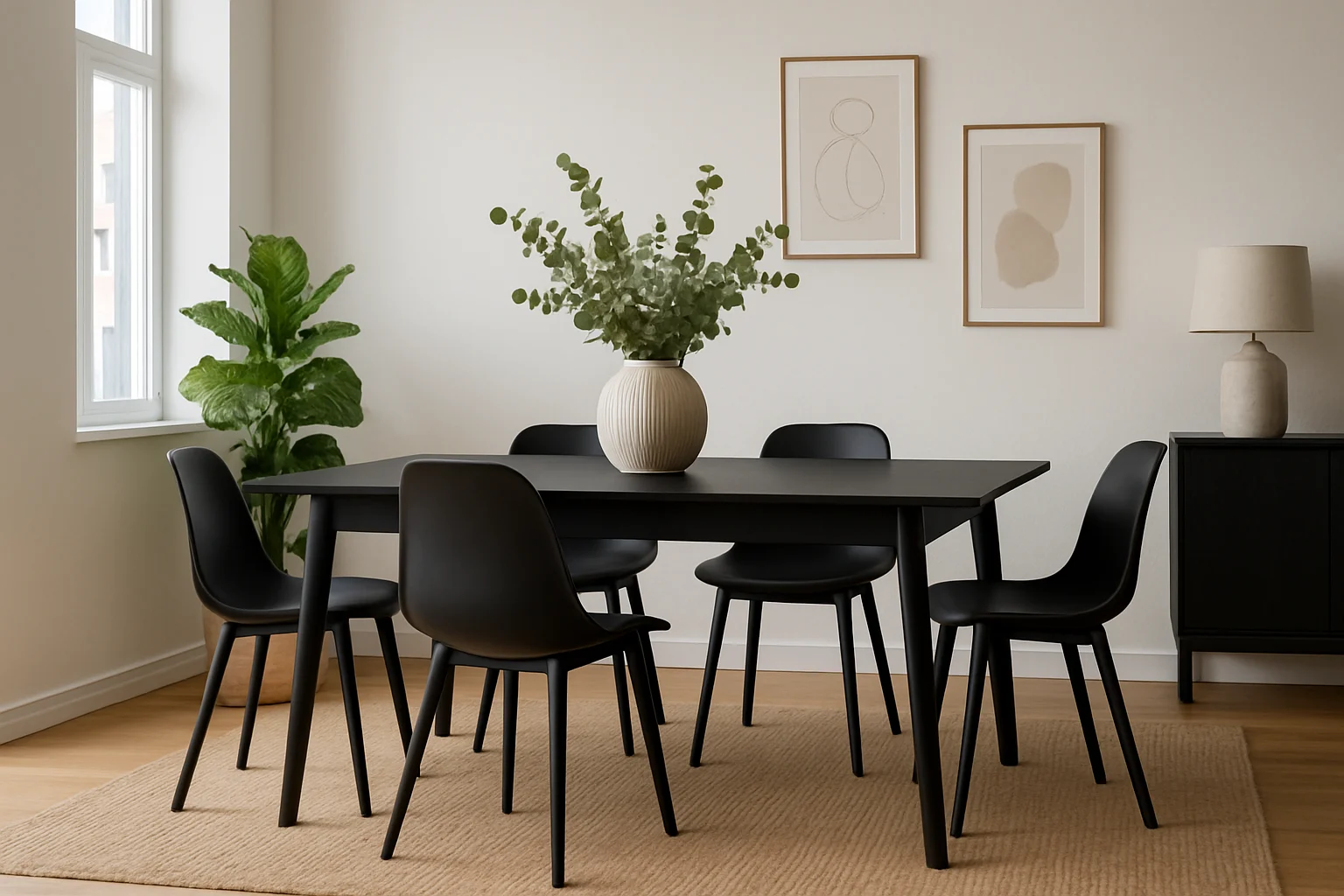 Een moderne eetkamer met een zwarte tafel (is zwart een goede kleur voor een eettafel?), zes zwarte stoelen, een grote witte vaas met groen, lichte muren, ingelijste kunst, een lamp en een hoge kamerplant op een beige vloerkleed met natuurlijk licht van het raam.