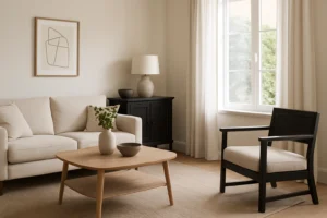 Een moderne, minimalistische woonkamer met een beige bank en zwarte fauteuil laat zien hoe ik lichte en donkere meubels kan combineren. Een lichthouten salontafel, zwart dressoir, lamp, abstracte muurkunst en een groot raam met witte gordijnen maken de neutrale look compleet.