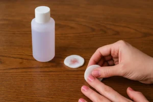 Iemand gebruikt nagellakremover op een houten tafel om nagellak van zijn nagel te verwijderen, met een flesje remover en een gebruikt wattenschijfje in de buurt.