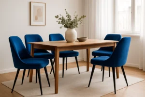 Een houten eettafel met vijf kobaltblauwe eetkamerstoelen staat op een licht vloerkleed in een lichte kamer. Een witte vaas met groen en een schaal staan op tafel. Kunst en gordijnen sieren de neutraal gekleurde ruimte.